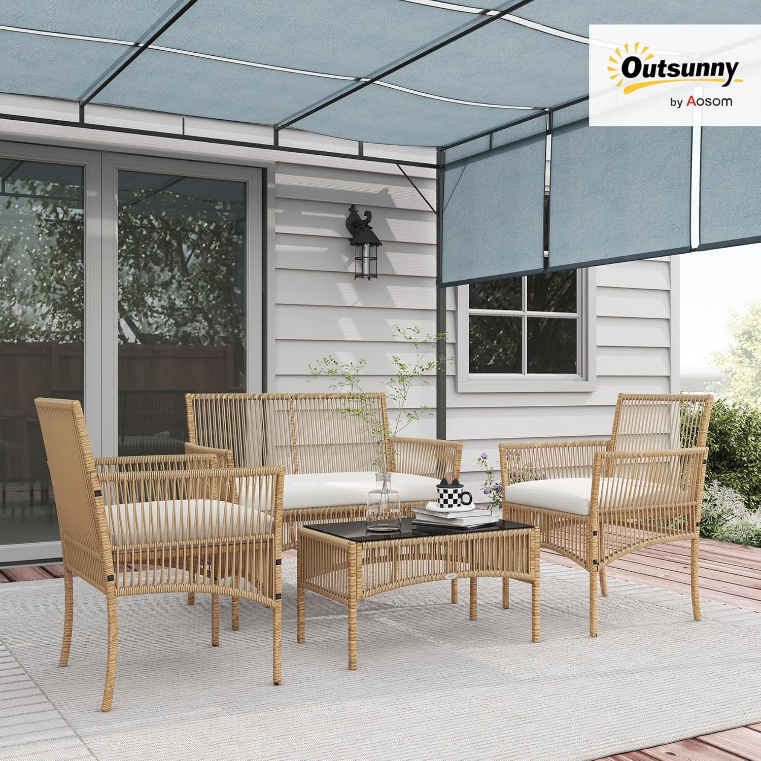 Outsunny - Salon de jardin 4p - métal/résine, coussins beige, table verre