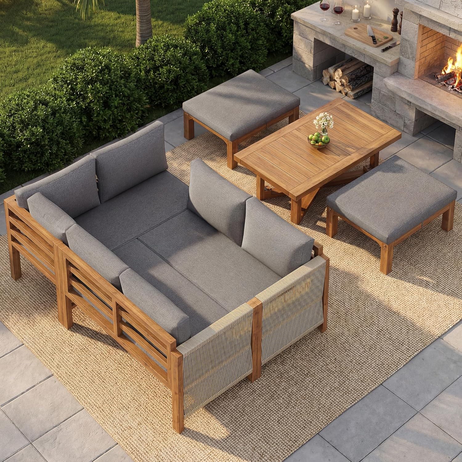 Sapgaks - Salon de Jardin E-Gris - 6 places modulable bois acacia, coussins, table et 2 tabourets