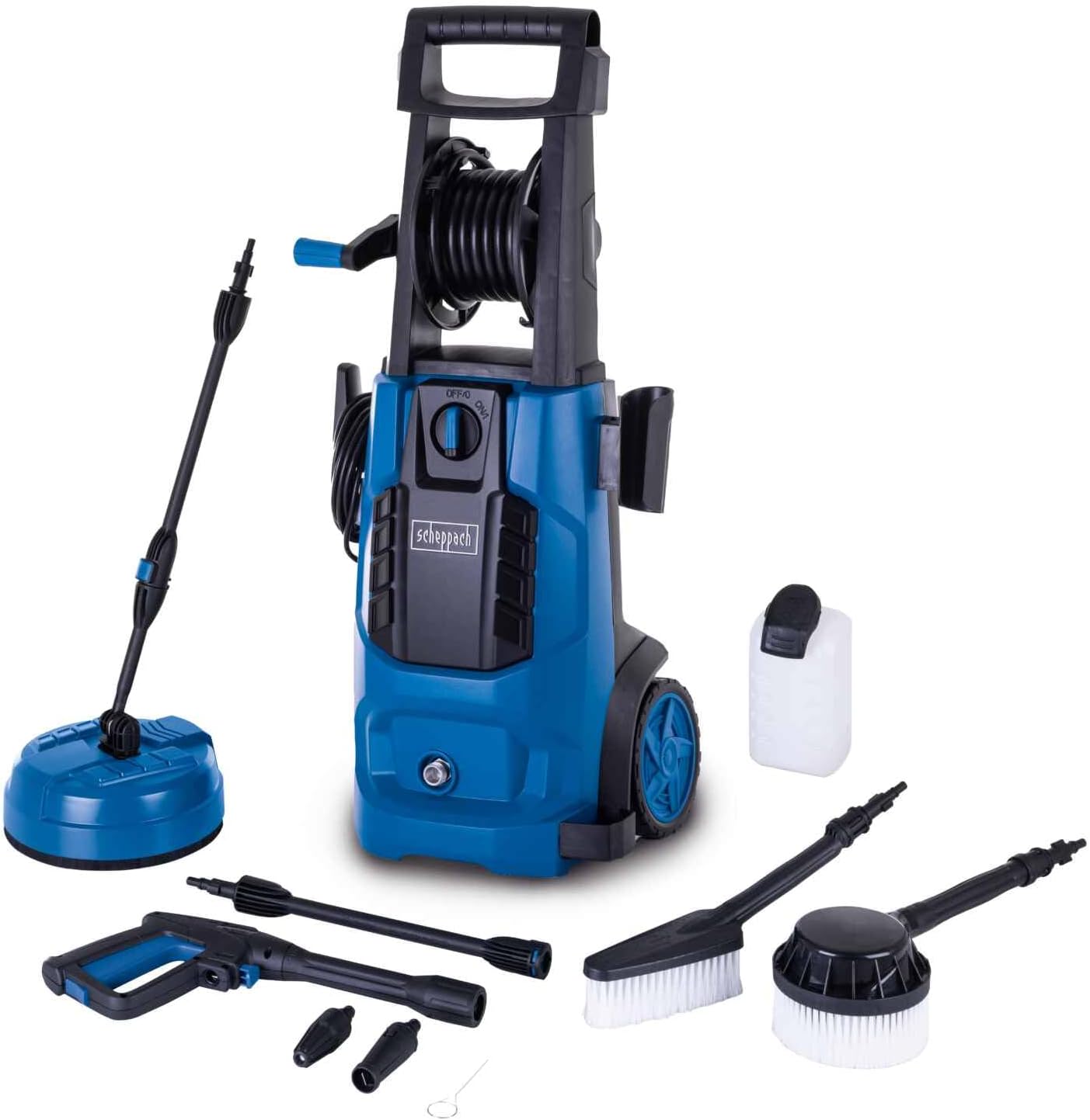 Scheppach - HCE2800 - 180 bars, 480 l/h, enrouleur, 5m tuyau, brosse terrasse