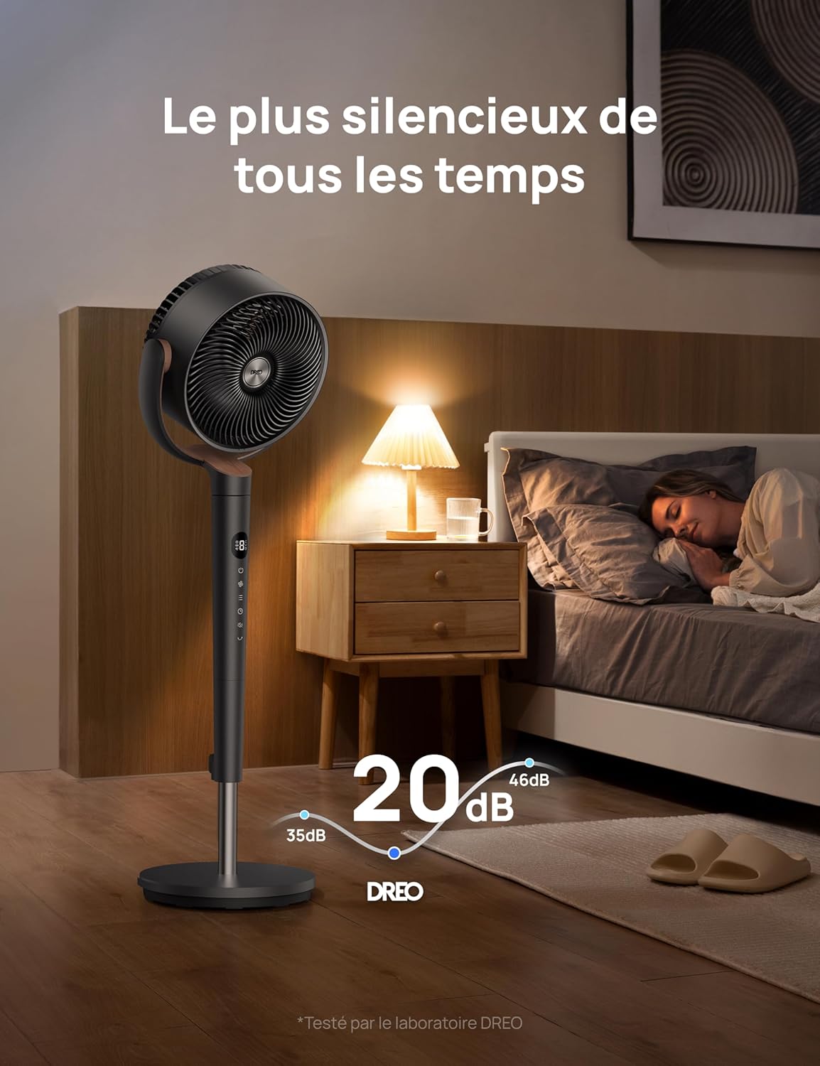 DREO ventilateur sur pied très silencieux avec télécommande, ventilateur grand format 20 dB avec moteur CC, oscillation 120°, 3 modes, hauteur réglable 94–107 cm, ventilateur de sol TurboPoly 512