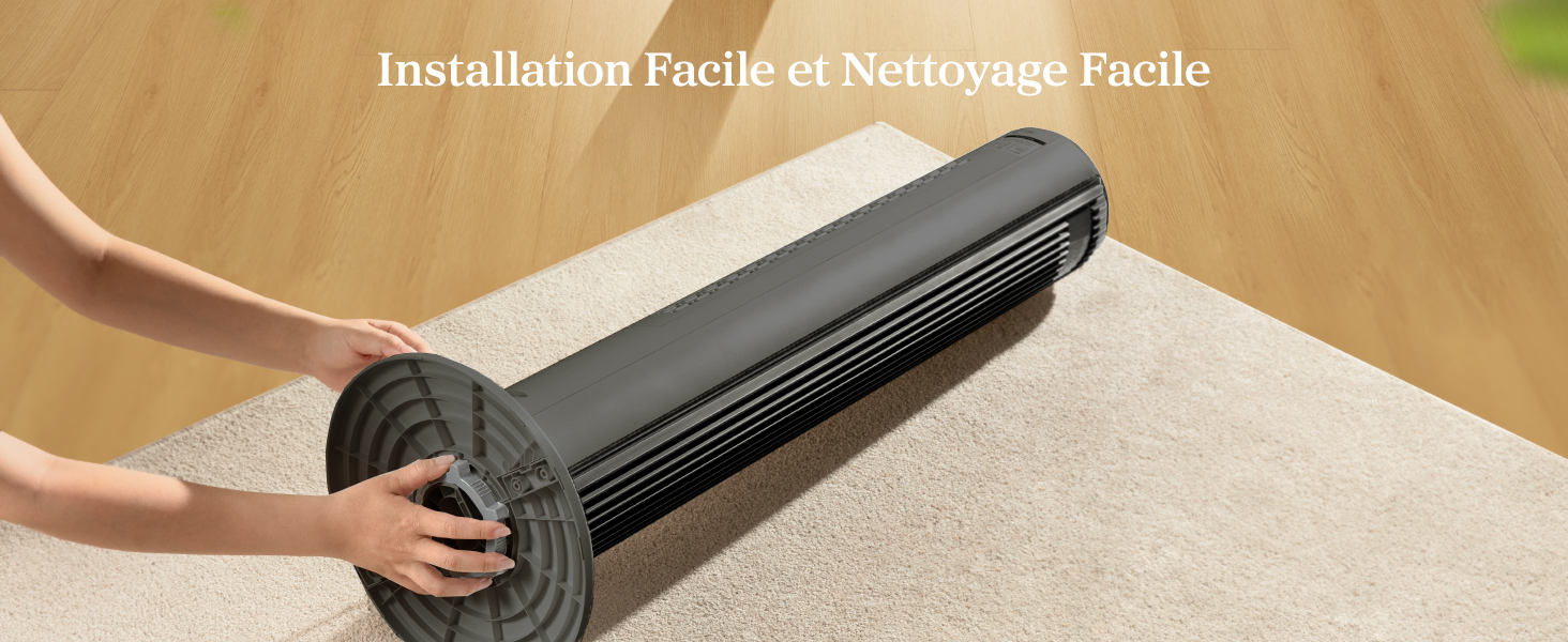 Le texte indique « Instalación Fácil et Nettoyage Facile » (Installation et nettoyage faciles). Composant de pommeau de douche cylindrique noir avec détail en corde beige sur fond neutre.