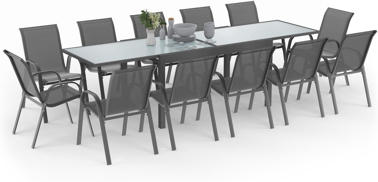 IDMarket - Madrid salon jardin, table extensible 135-270 cm, 12 chaises empilables, gris anthracite