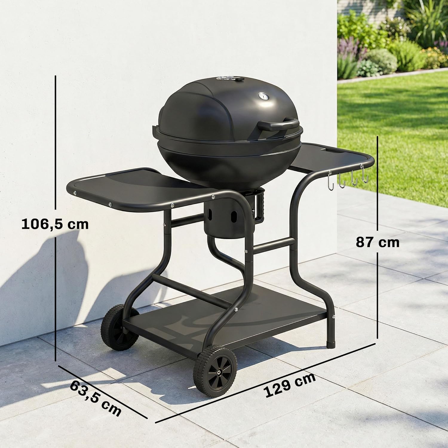 Outsunny - barbecue rond extérieur - 66x55x98cm - couvercle, roues, thermomètre
