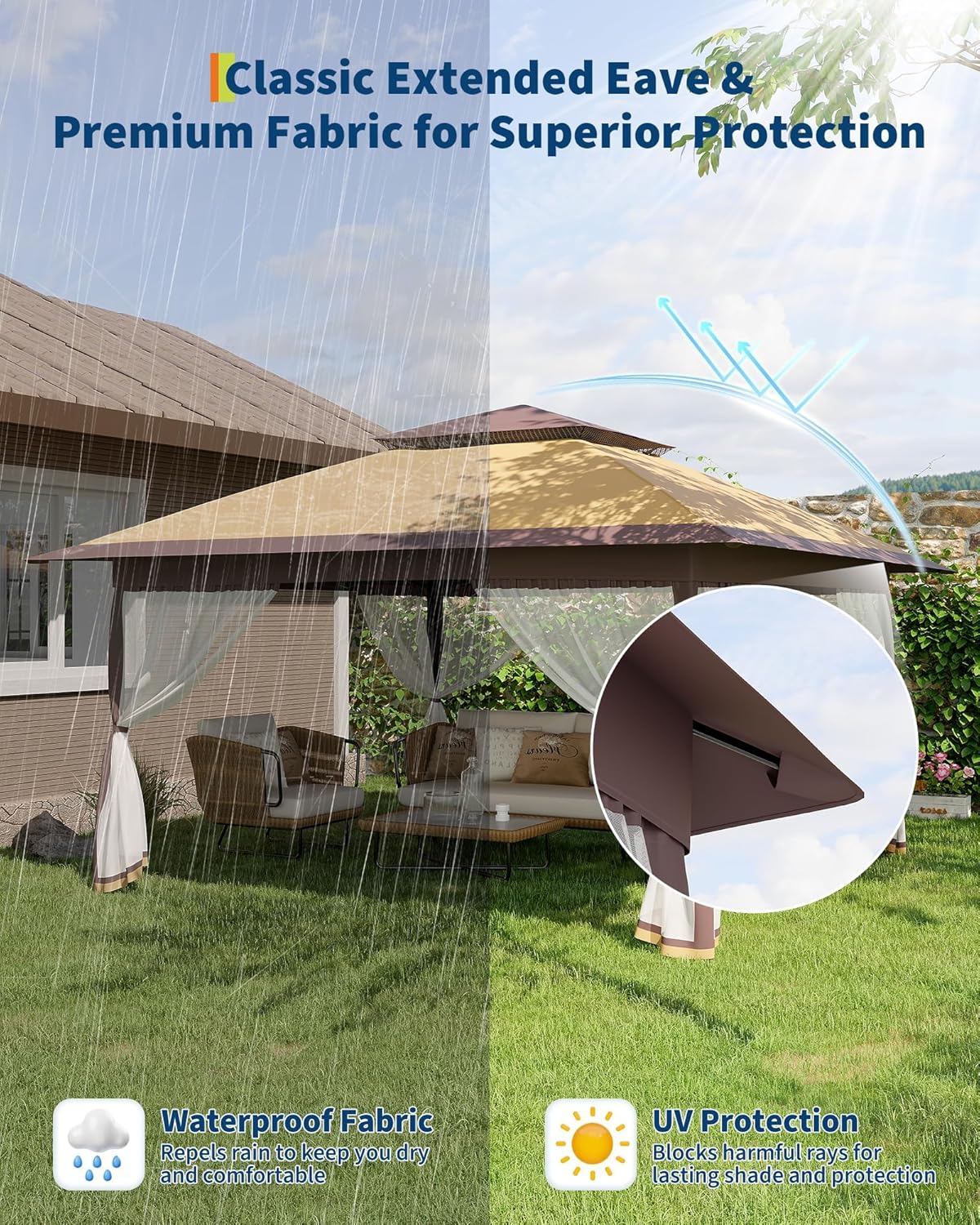 Garvee Montage One-Push, Protection UV 50+ – Tonnelle Pliante 3x3 m avec moustiquaire – Toit Double, 4 Sacs de Sable, Hauteur réglable, étanche – Idéal Jardin, terrasse, Barbecue