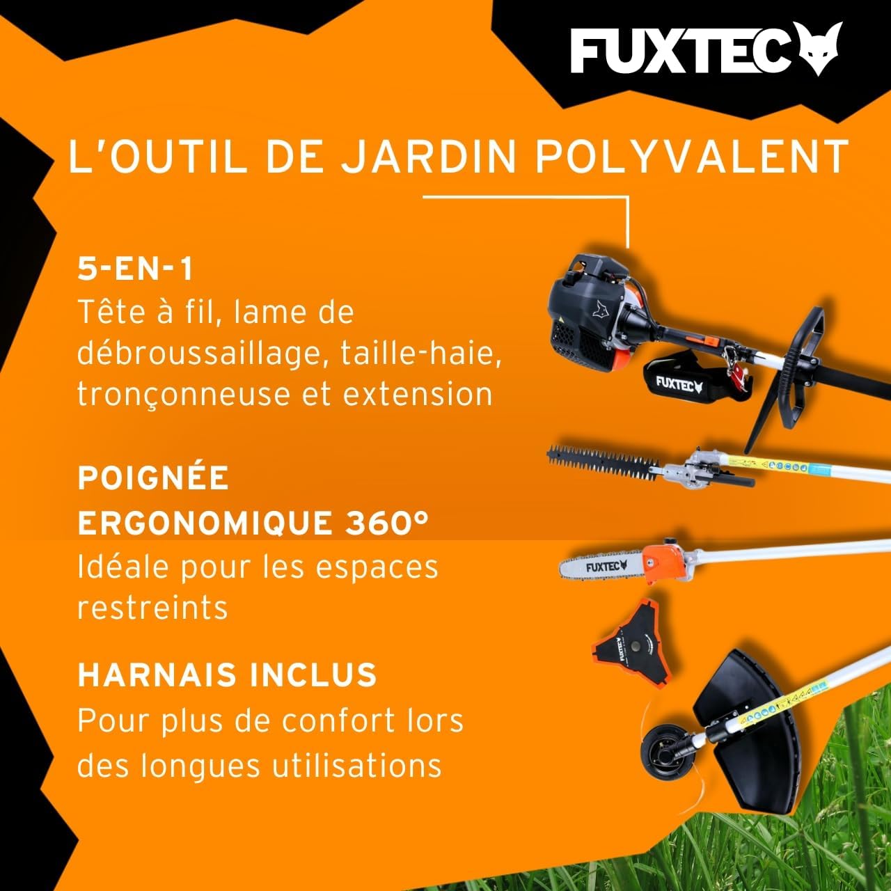 Fuxtec - débroussailleuse 52cm³ 3CV, multifonction thermique, rallonge 1m, FX-MT152E