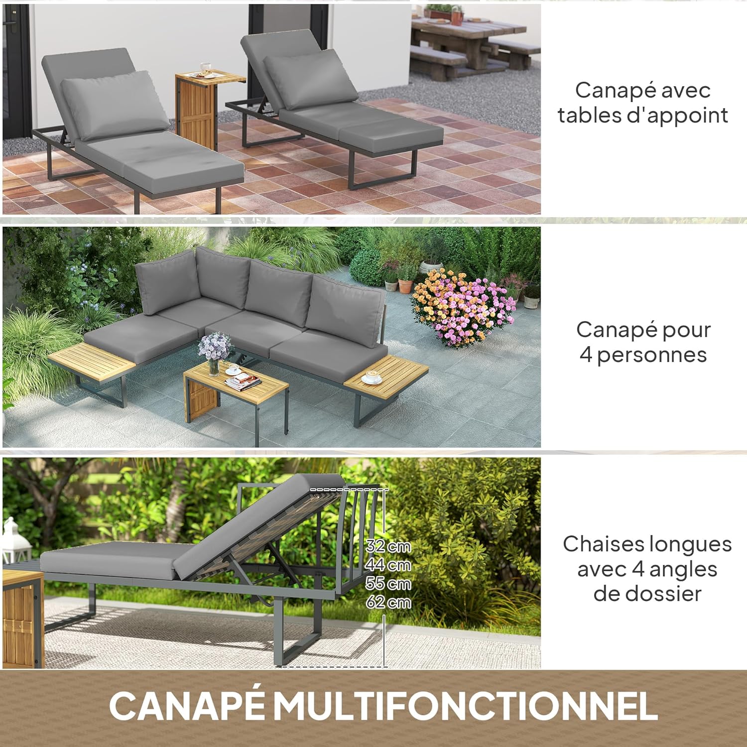 Outsunny - salon de jardin bois acacia 6 places modulable - coussins, dossier ajustable, gris