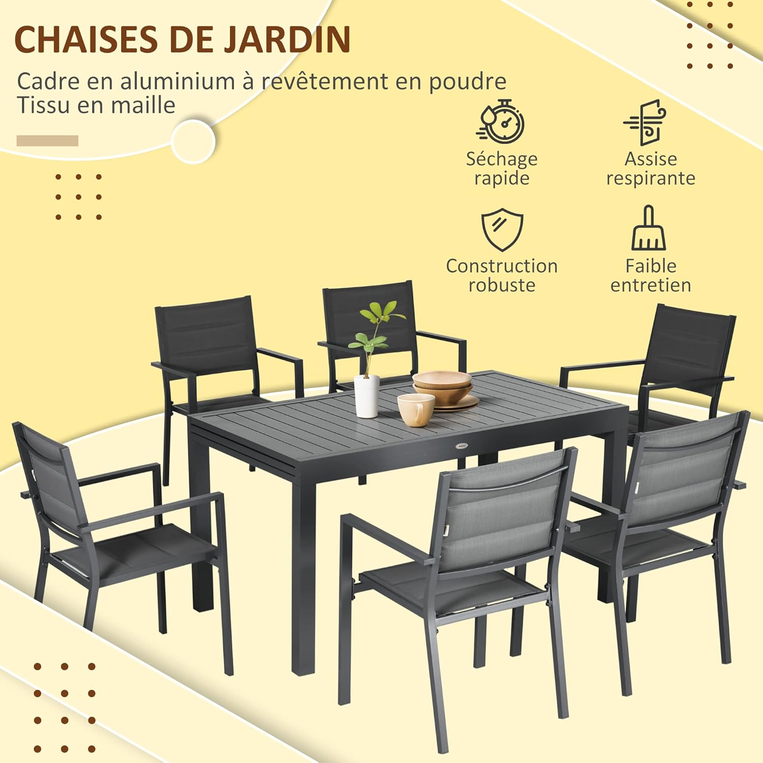 Outsunny - salon de jardin extensible 135-270cm - 8 chaises empilables, aluminium et textilène - gris
