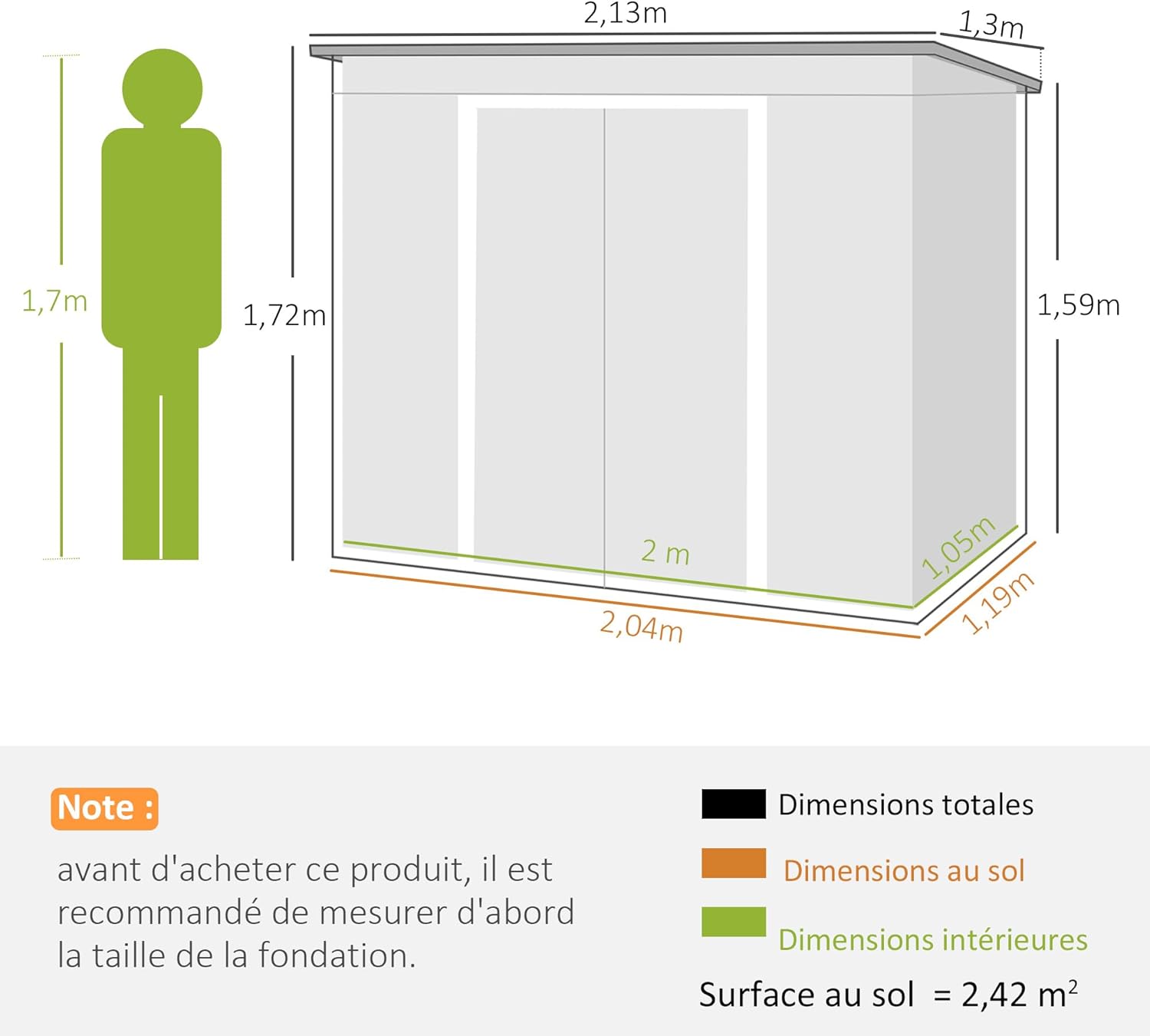 Outsunny Abri de Jardin en Acier galvanisé L 2,77 m² avec kit de Fondation 213 x 130 x 172 cm, cabane de Jardin cabanon Rangement Outils Portes coulissantes verrouillables et aérations, Vert