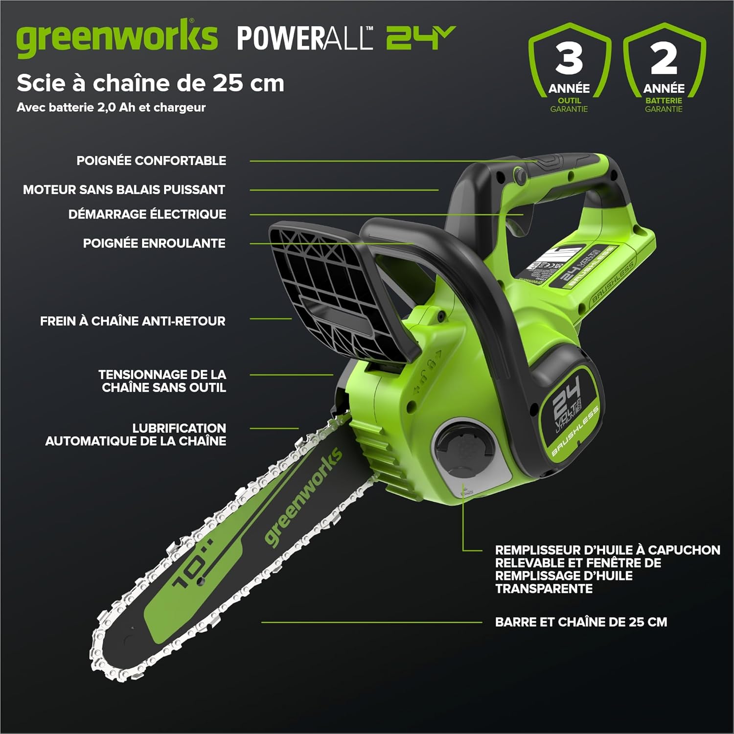 Greenworks - Scie à chaîne Brushless 25cm - 24V, batterie 2Ah, graissage auto