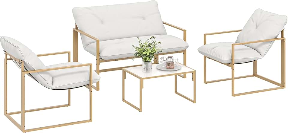 Outsunny - Salon de jardin 4 pcs - cadre acier, coussins 15cm épais