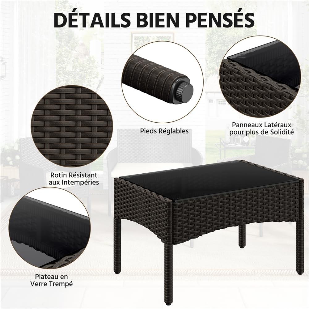 Yaheetech - Salon de jardin 4 places - polyrotin métal - canapé, fauteuils, table, coussins - brun/beige
