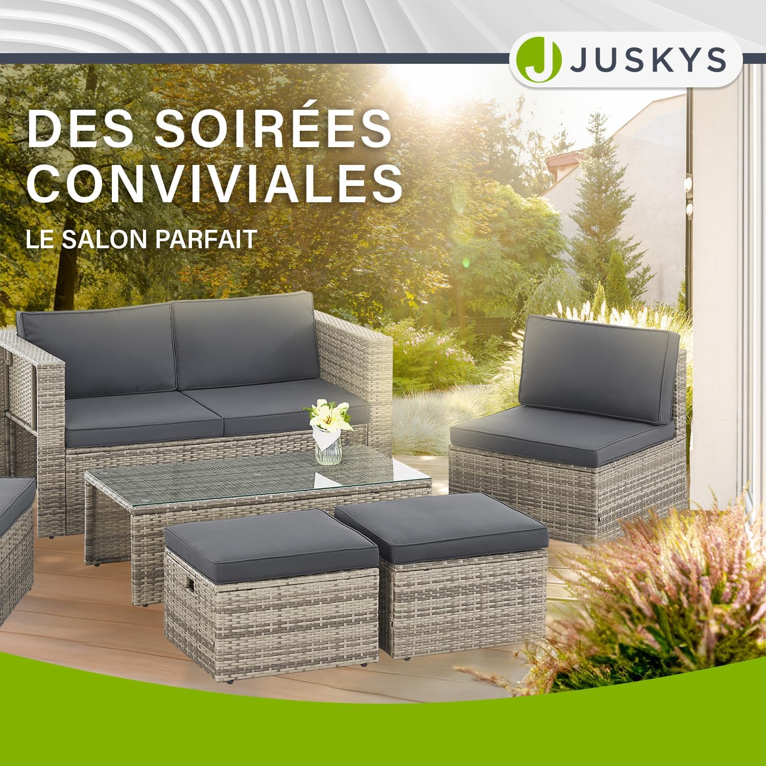 Juskys - Salon de jardin Salou - 6 places, polyrotin, table, coussins, résistant intempéries, gris
