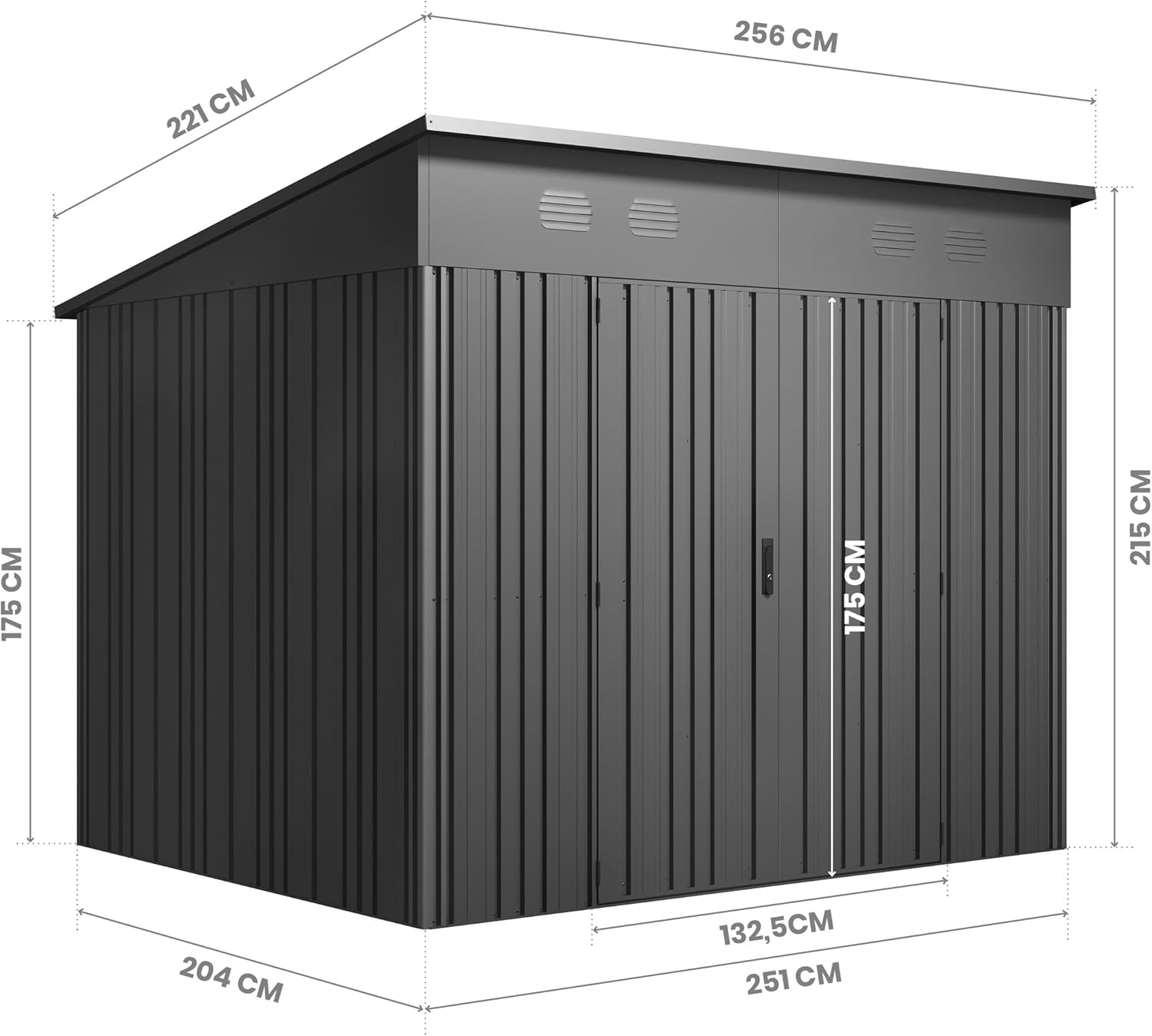 Hoggar - Abri de Jardin Pioneer - 256x221x215cm - Portes renforcées, serrure avec clé, plafond robuste, autoportant - Y7