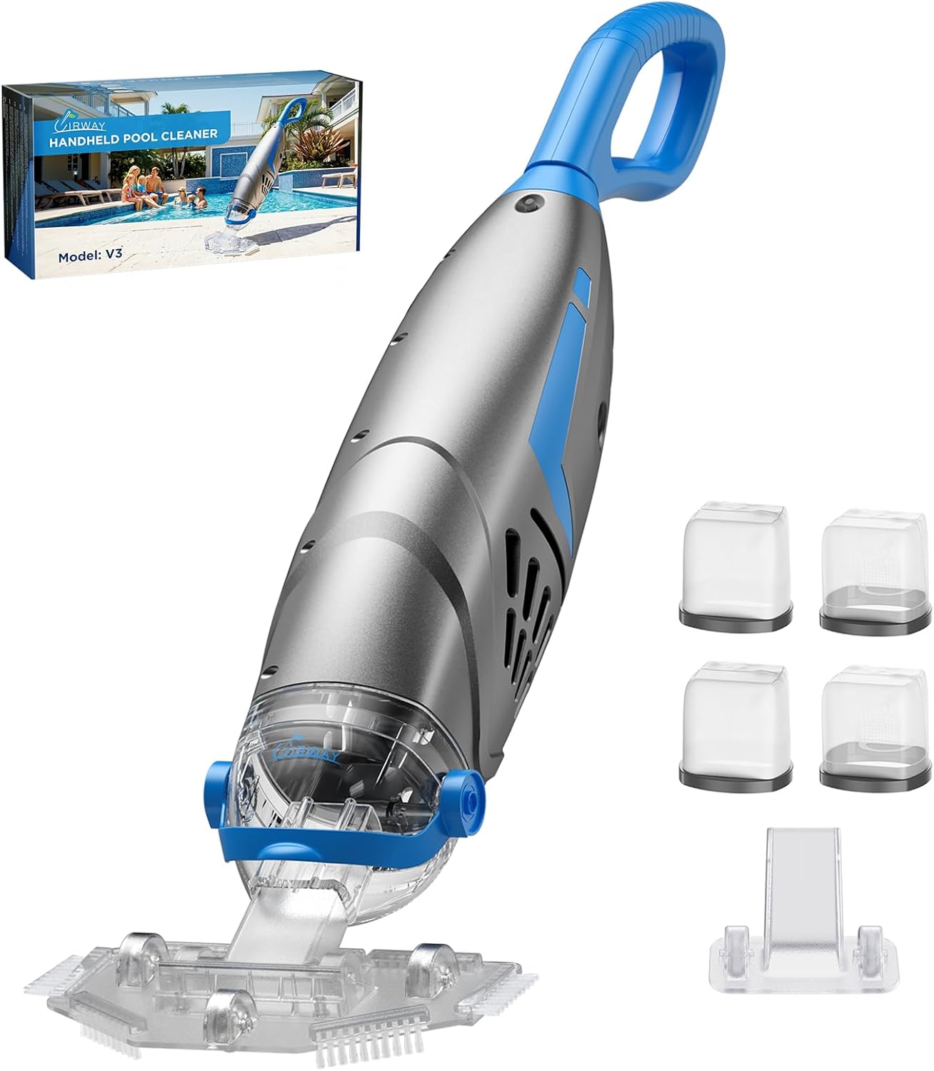 UIRWAY V3 Aspirateur Piscine sans Fil, 26,5 GPM Aspirateur Piscine Hors Sol Puissant Graviers, 2026 IPX8 Balai Aspirateur Piscine Rechargeable avec 2 Têtes & 4 Sacs Filtrants, Autonomie 1H Adapté