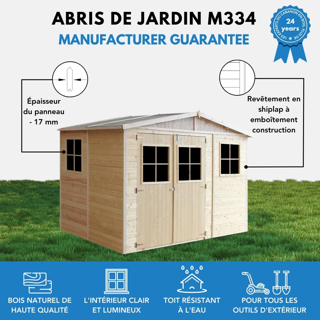 Abri de Jardin en Bois Exterieur avec Les PLANCHERS IMPRÉGNÉ- Cabane de Jardin en Pin/épicéa-H226x324x216 cm/6m2- Construction de Panneaux- Rangement pour vélos, Remise à Outils- Timbela M334+M334G