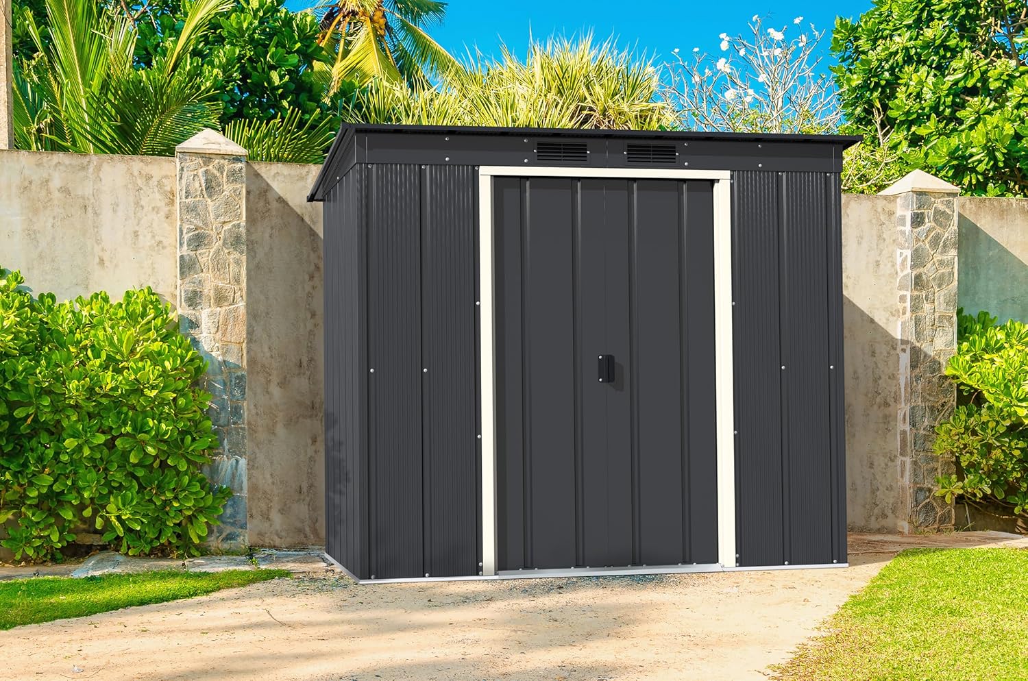Duramax ECO 6 x 4 (2.17 m²) abri de jardin en métal à toit pentu, Abri de jardin en métal galvanisé à chaud, Abri de stockage d'outils, structure de toit renforcée, anthracite