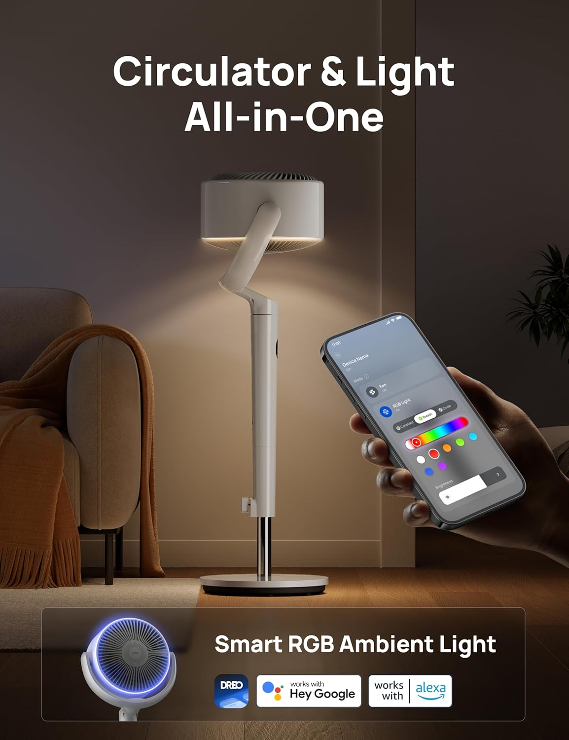 Dreo 23dB Intelligent ventilateur sur pied silencieux, 24M portée, volume d'air 1200m³/h, turbo circulateur, 102CM hauteur, 6 modes, 8 vitesses, oscillation omnidirectionnelle 120°+120°, PolyFan 502S