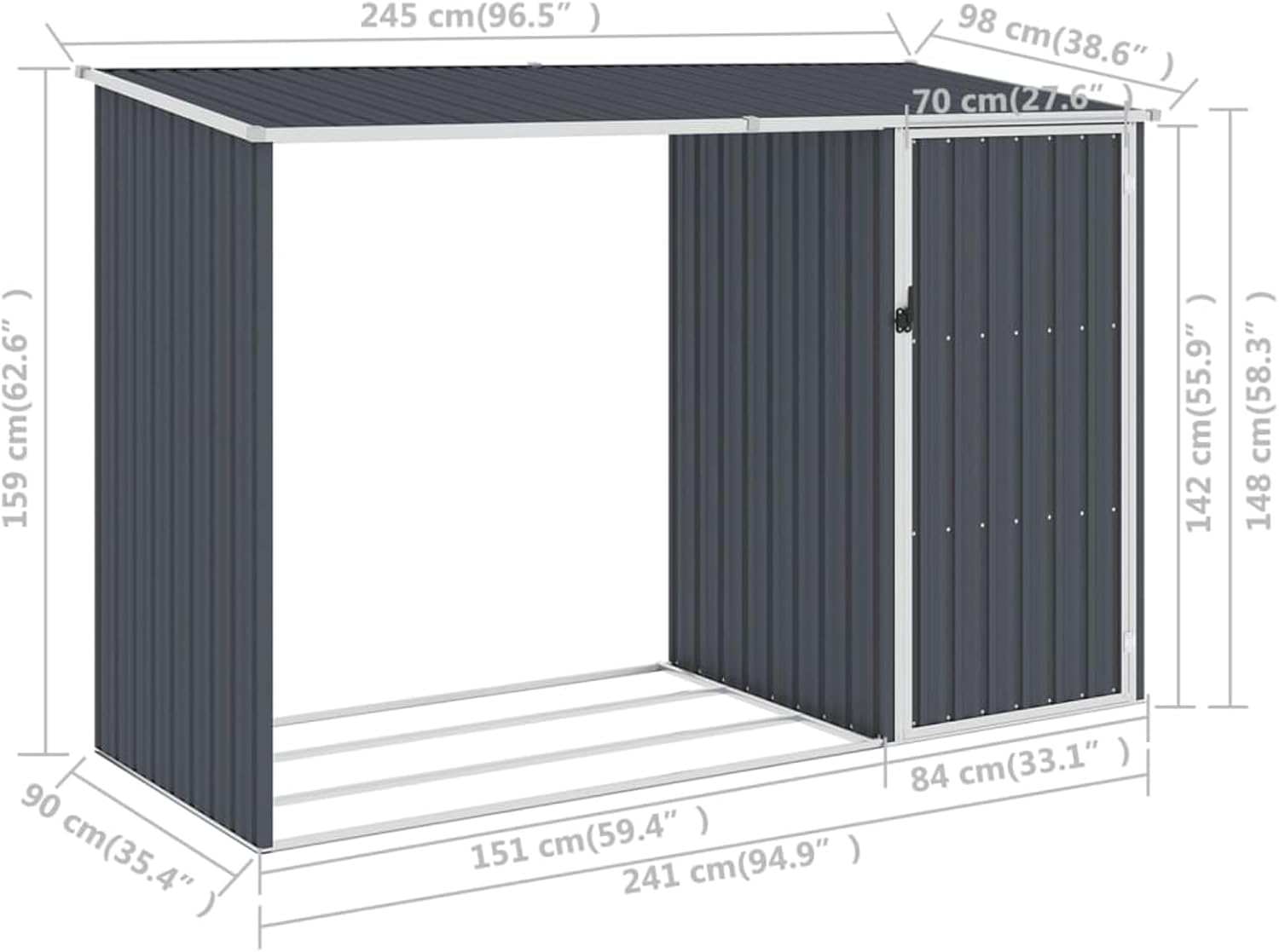 Gecheer - abri à bois jardin - 245x98x159 cm - acier galvanisé, grande capacité