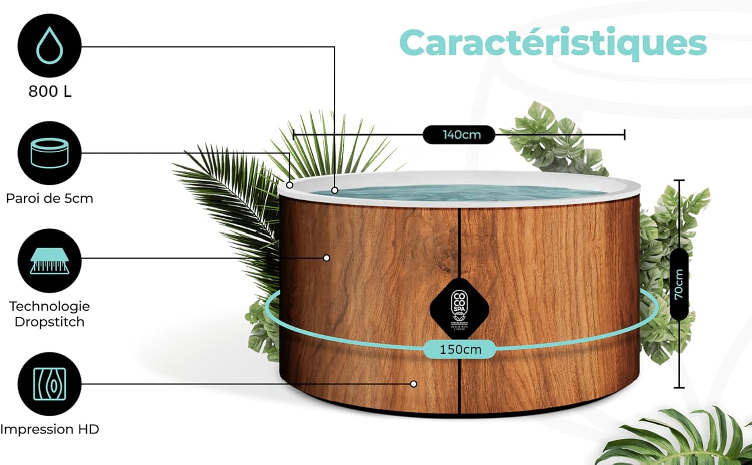 COCO SPA - Spa Gonflable 150 cm - 800 L - 140 jets - 2240 W