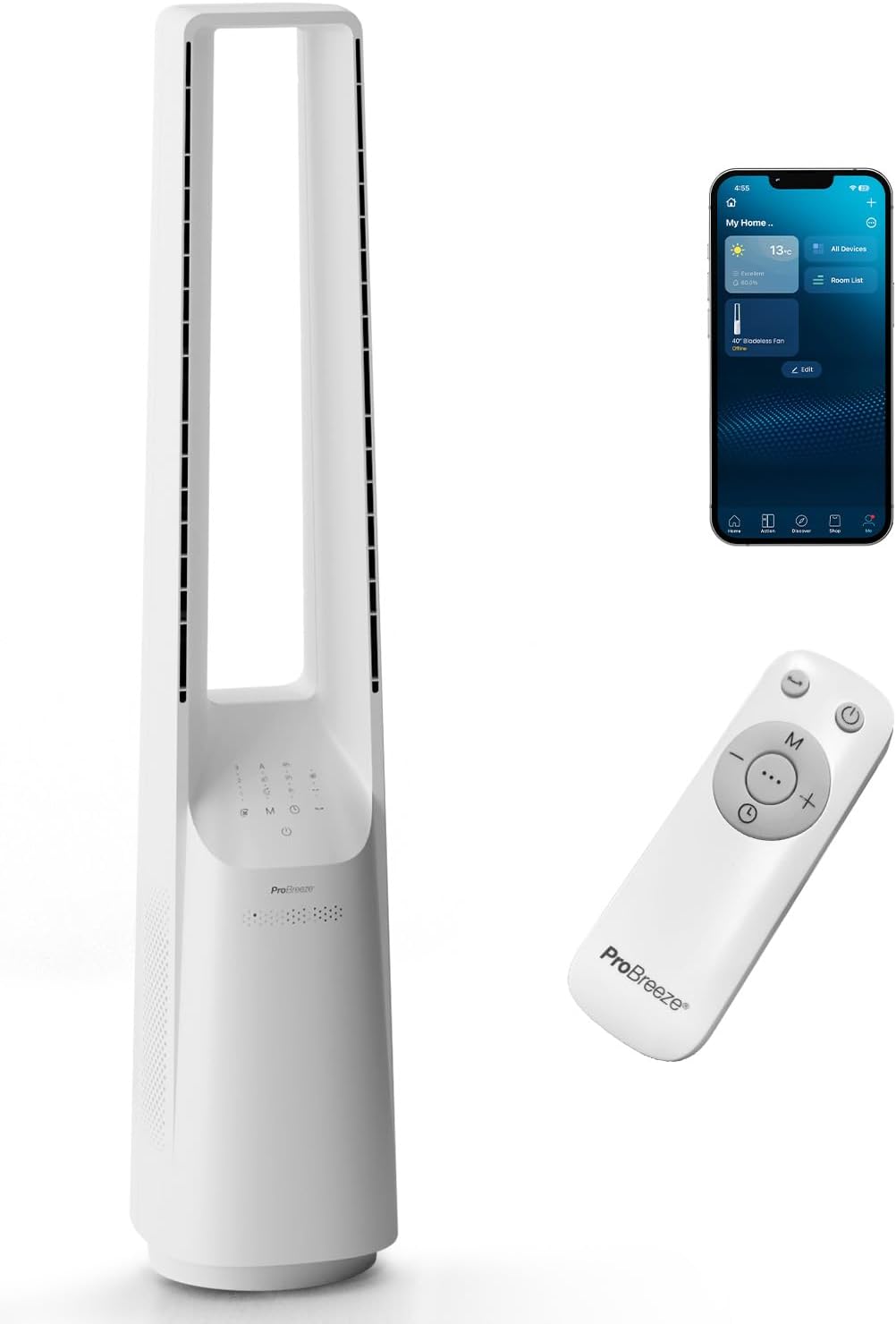 Pro Breeze - Ventilateur Tour WiFi Intelligent 101cm - Silencieux, LED, télécommande, 6 vitesses, oscillation