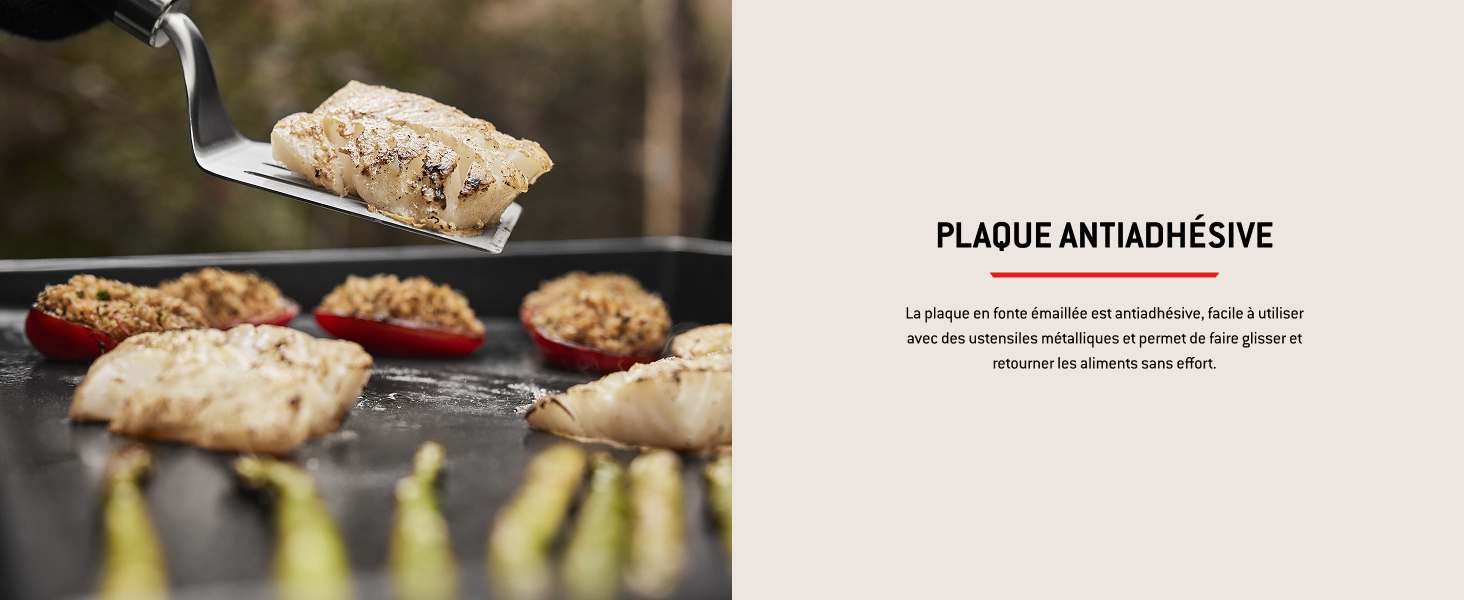 Le texte se lit comme suit : « PLAQUE ANTIADHÉSIVE ». L'image montre des aliments grillés sur une surface de cuisson avec une spatule soulevant une portion.