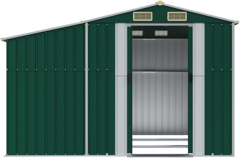 Abri de jardin en acier galvanisé - 277 x 279 x 179 cm - Vert - Avec support pour bois de chauffage et ouvertures d'aération - Pour outils de jardin - Rangement en extérieur