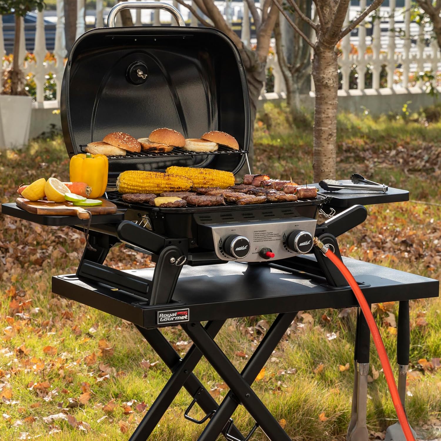 Royal Gourmet - barbecue gaz portable - 48x37 cm - 2 brûleurs, tables pliantes, chariot détachable, 5kW