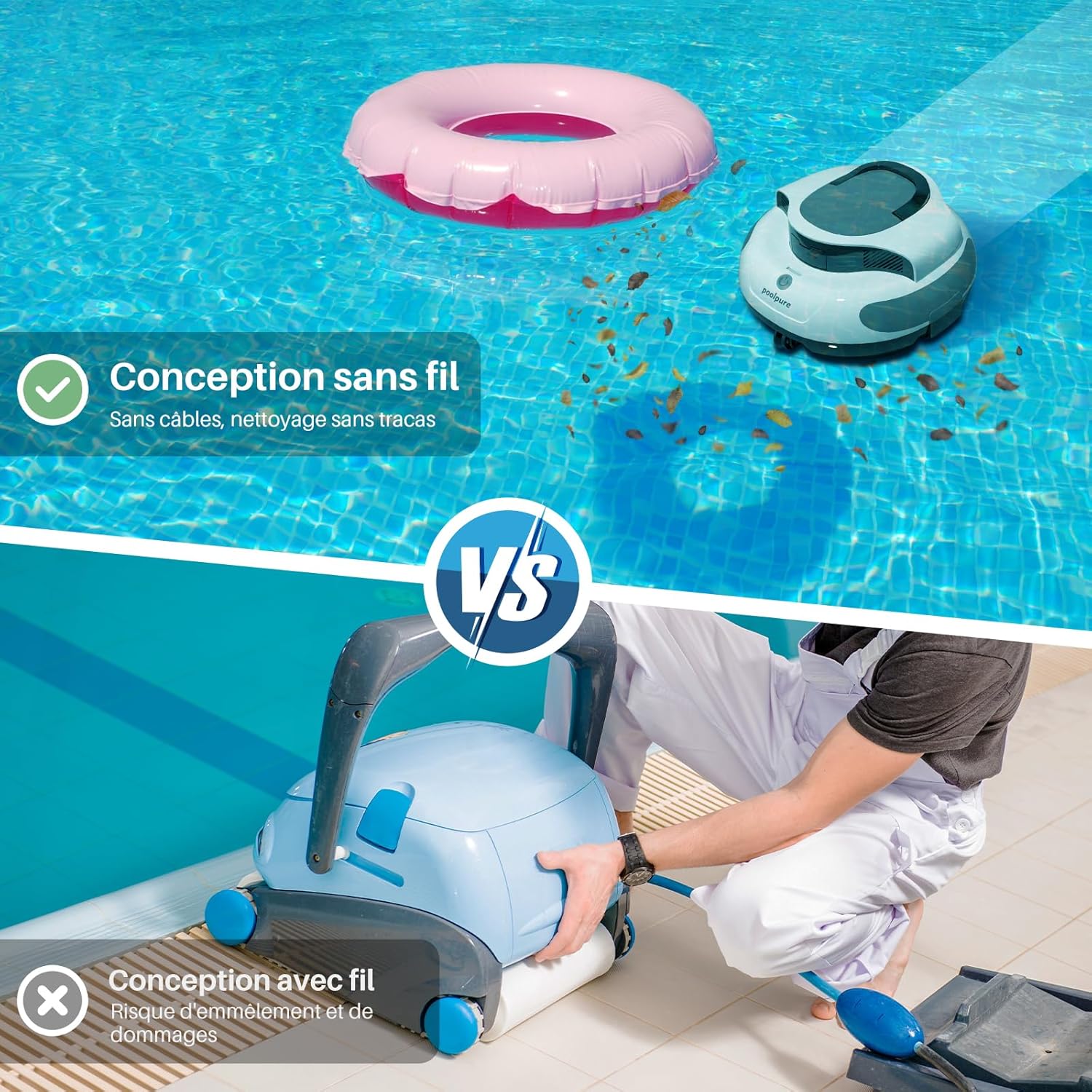 POOLPURE - Robot piscine sans fil - 5000mAh, double moteur, LED, auto-stationnement, IPX8, max 90㎡