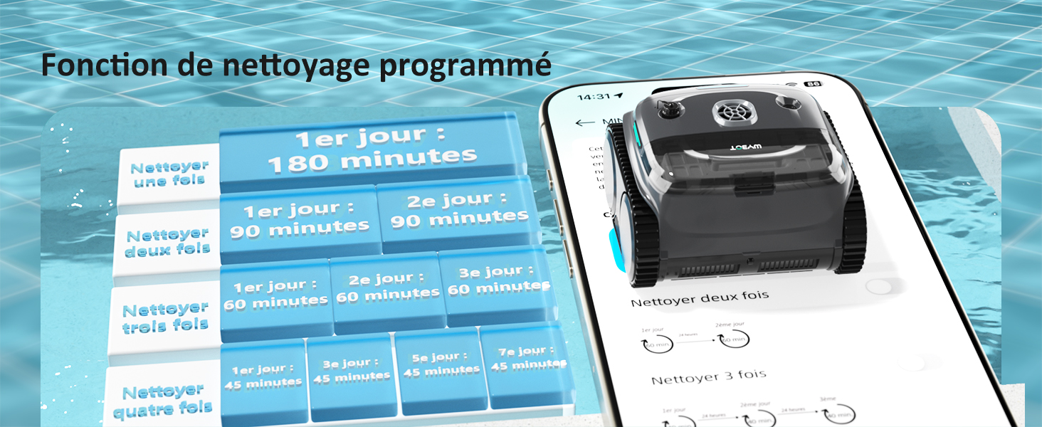 avec interface d'application pour smartphone affichant un programme de nettoyage programmable. L'appareil est doté d'un boîtier noir avec des brosses visibles. L'application affiche les durées de nettoyage sur plusieurs jours.