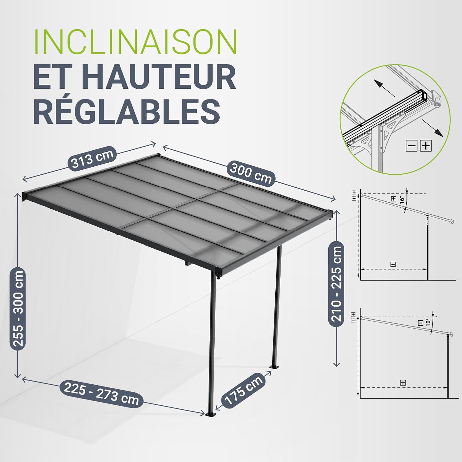 Juskys - Borneo - 3x3 m - Toit terrasse alu, plaques transparentes