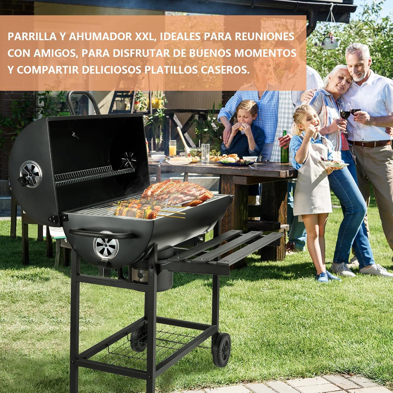TEENO - barbecue charbon + table pliante 180x74x74 cm - gants inclus