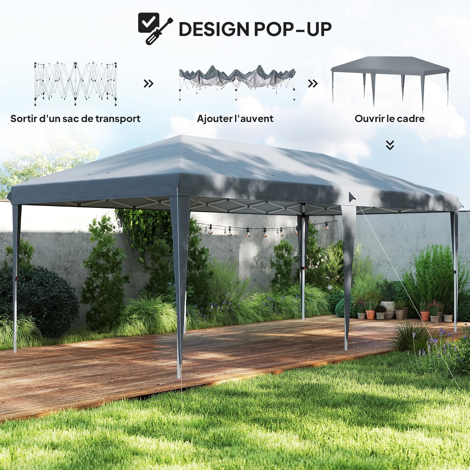 Outsunny Tonnelle Pliante 3x6m tonnelle de Jardin extérieur Barnum de Jardin Pop-up Pliant Sac Inclus Acier époxy Oxford Haute densité Gris Clair
