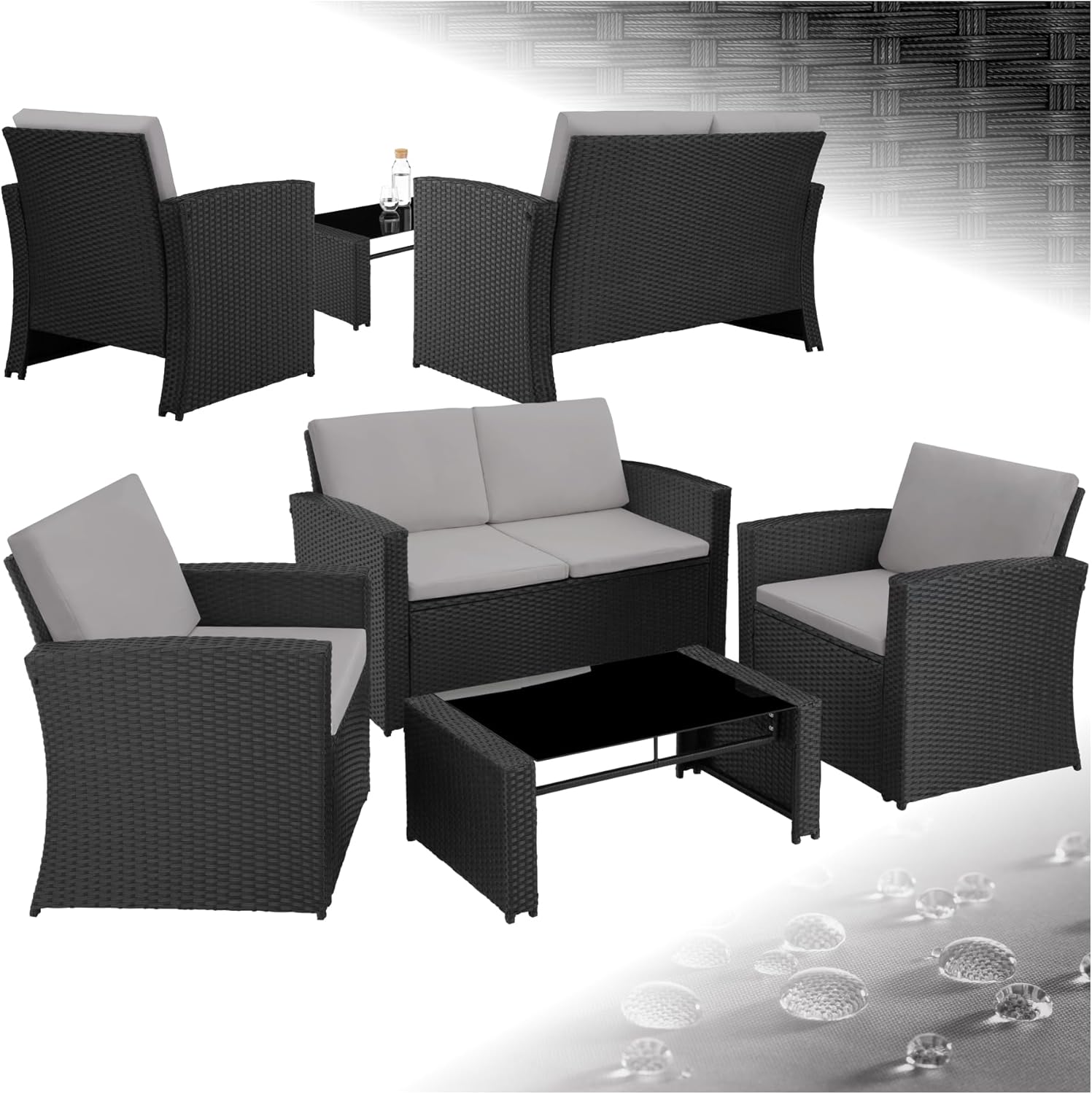 TecTake - Salon de jardin rotin 4 places - canapé, fauteuils, table, coussins confortables