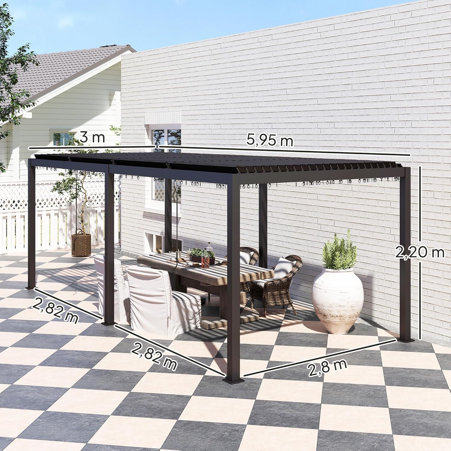 Outsunny - Pergola bioclimatique 3x6m - aluminium, toit réglable, persiennes, crochets