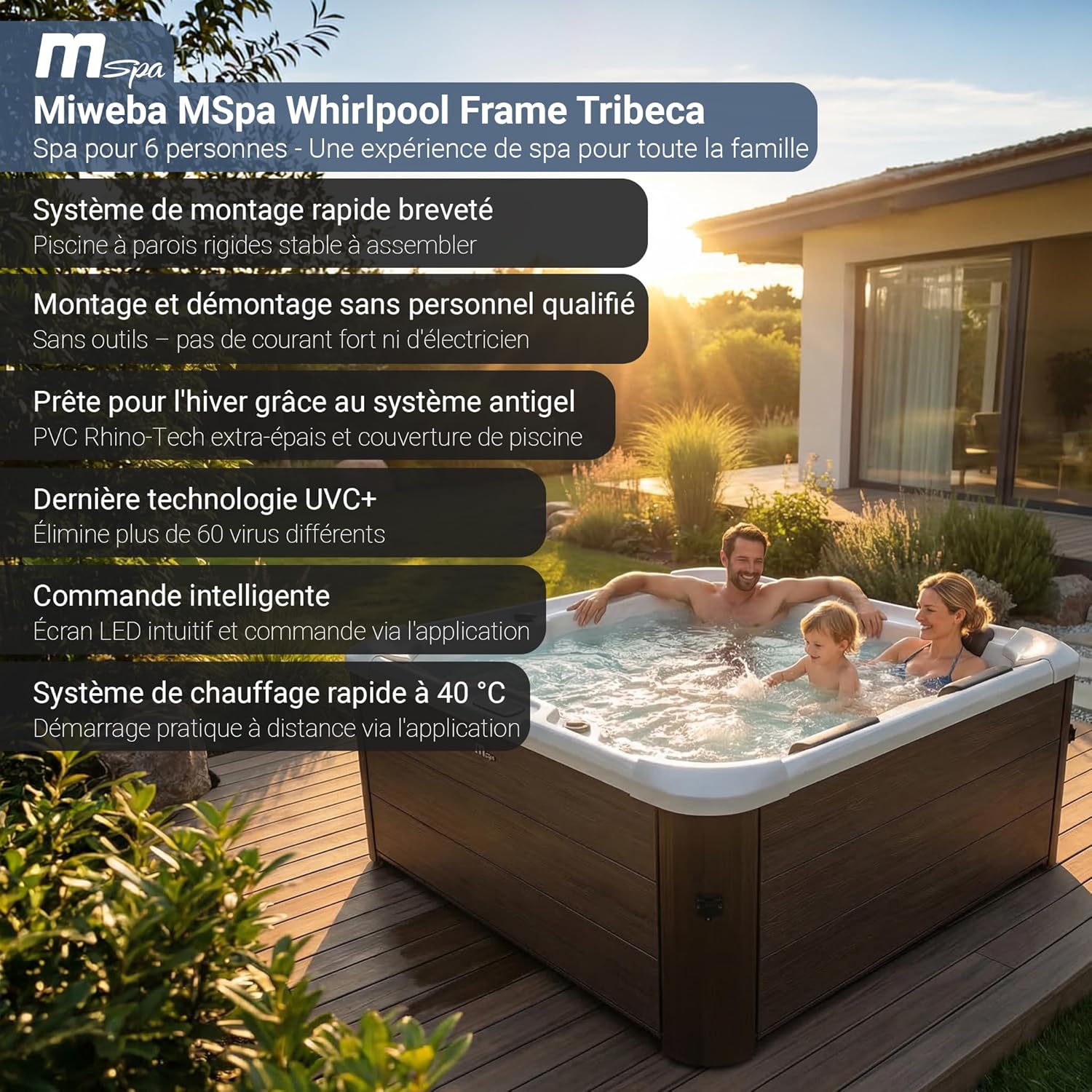 Miweba - MSpa Tribeca - 160x160x65 cm - Spa rigide, contrôle app, 6 pers, 120 buses, hiver résistant MSpa-TRIBEX