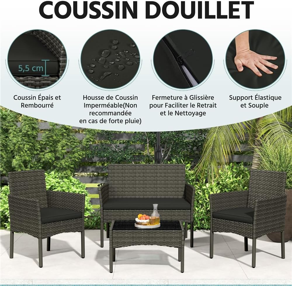 Yaheetech - Salon de Jardin 4 pièces - Polyrotin métal - Canapé 2 places, fauteuils, coussins, table basse