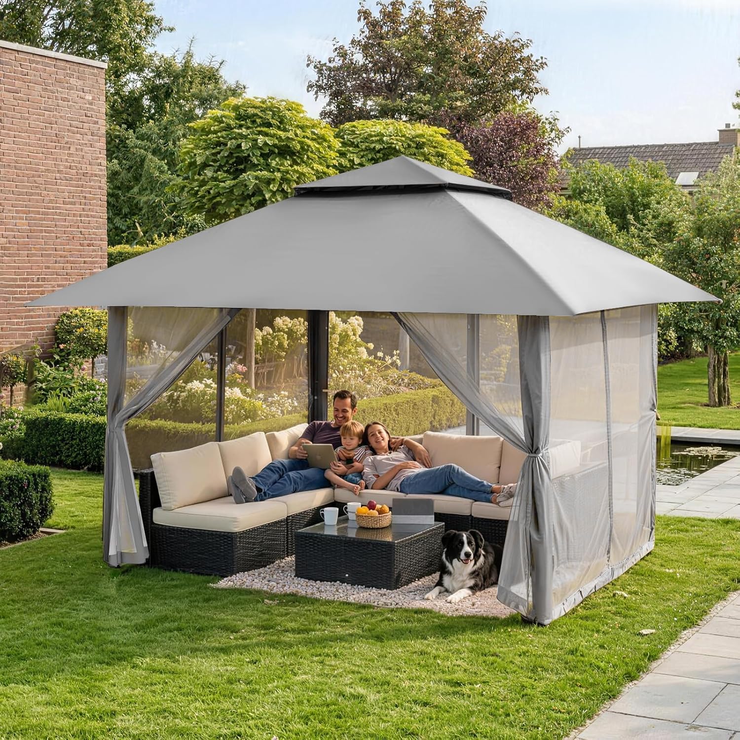 CROWN SHADES - tonnelle jardin pop up - 4x4 m - double toit, côtés maille, hauteur réglable