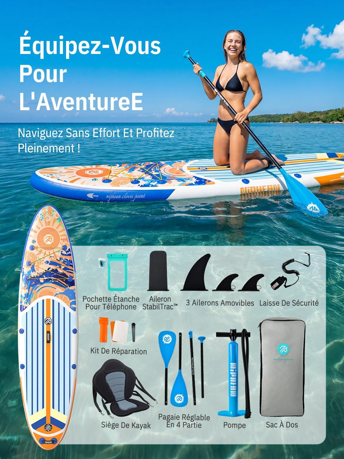 Niphean - Stand Up Paddle Gonflable 320cm - 200kg, 2 personnes, siège
