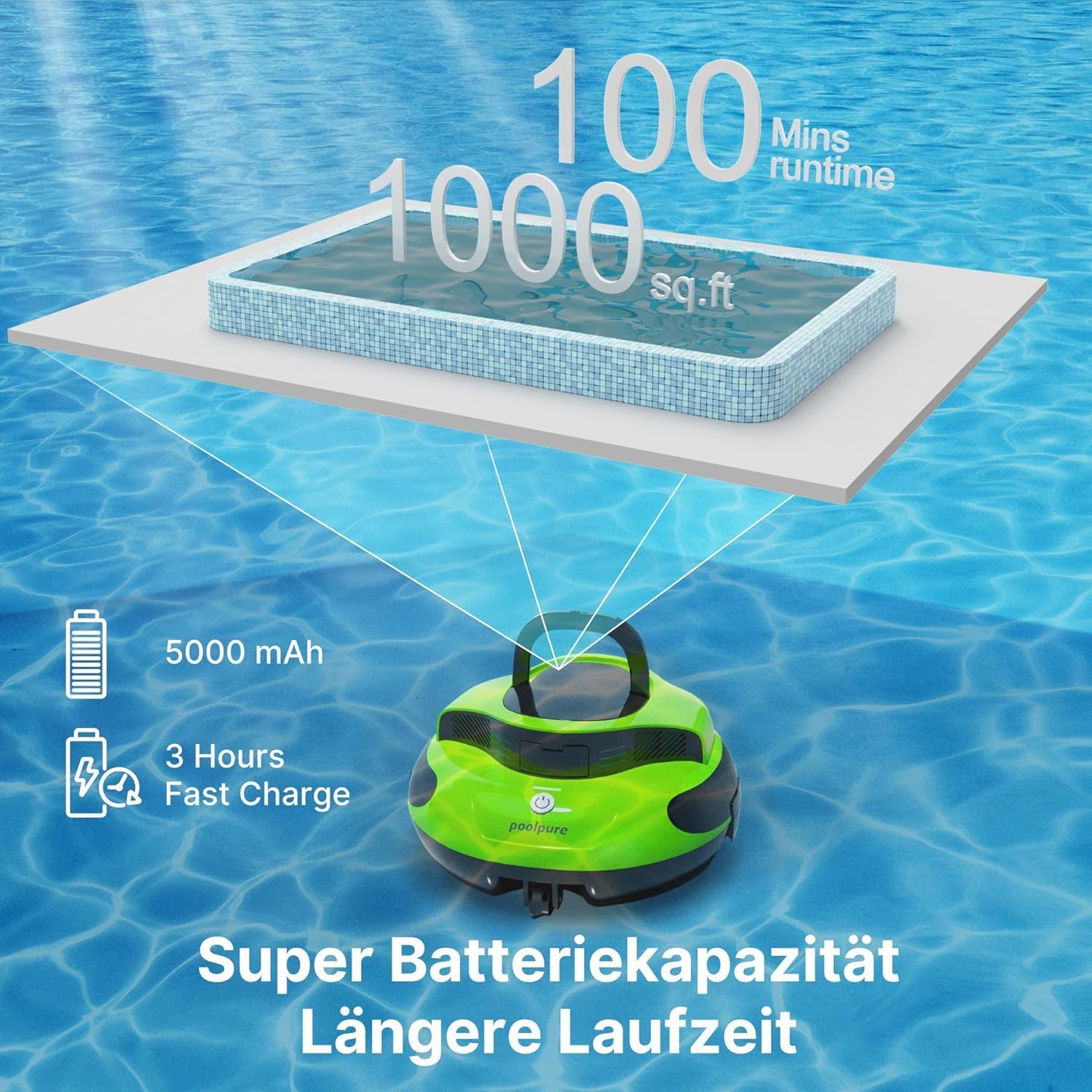 POOLPURE - aspirateur piscine sans fil - 5000mAh, double moteur, LED, 90m², IPX8