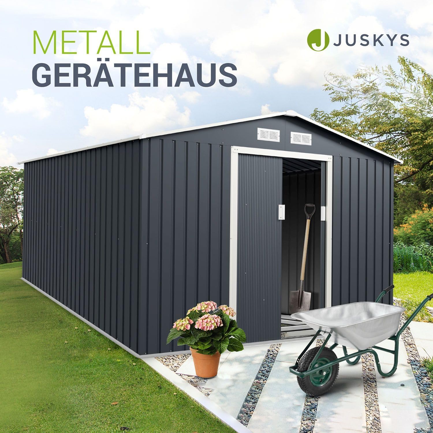 Juskys - Abri à outils XXL - 277x319x192cm - métal, porte coulissante, fondation, toit en pente