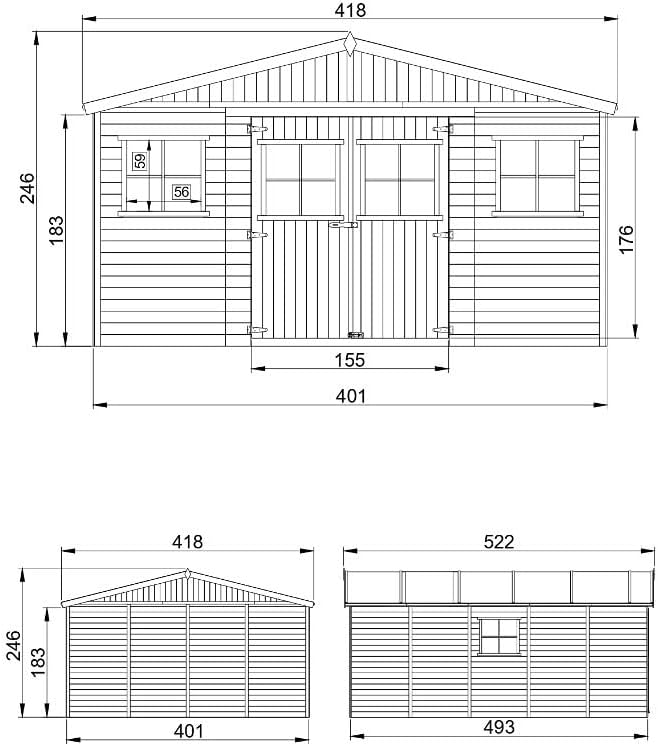 Abri de Jardin en Bois Exterieur avec Les PLANCHERS IMPRÉGNÉ- Maison de Jardin en Pin/épicéa-H246x418x522 cm/20 m²-Construction de Panneaux- Rangement pour vélos, Remise à Outils-TIMBELA M333 +M333G