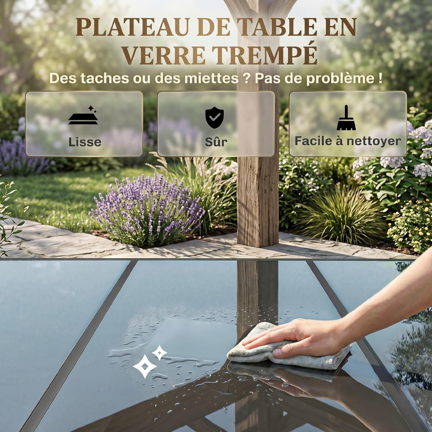 Outsunny - salon de jardin 6 places - table verre trempé, chaises empilables, textilène, noir