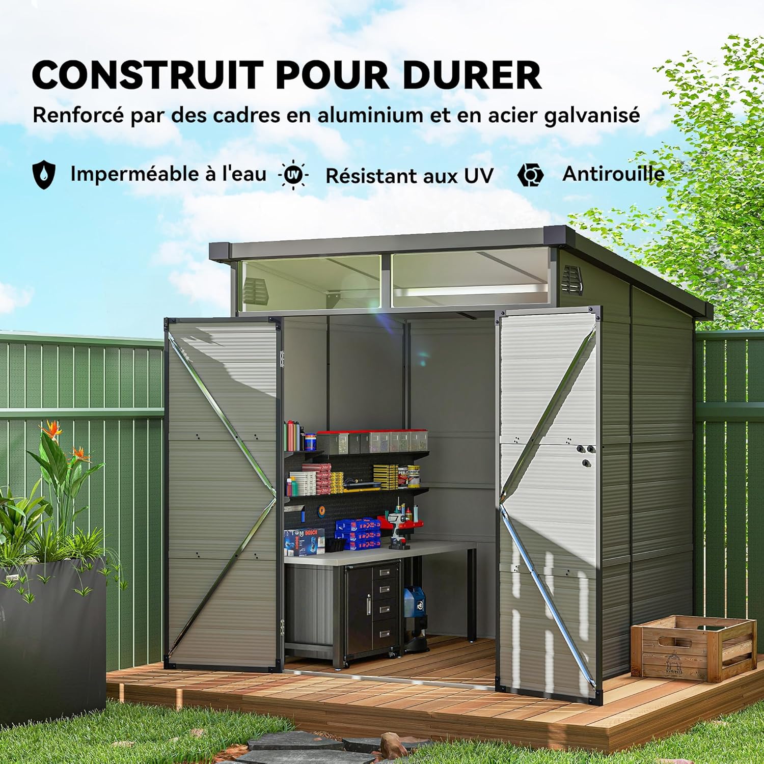 Outsunny - Abri de jardin polypropylène - 190x191x215 cm - double porte fenêtre aérez, gris clair