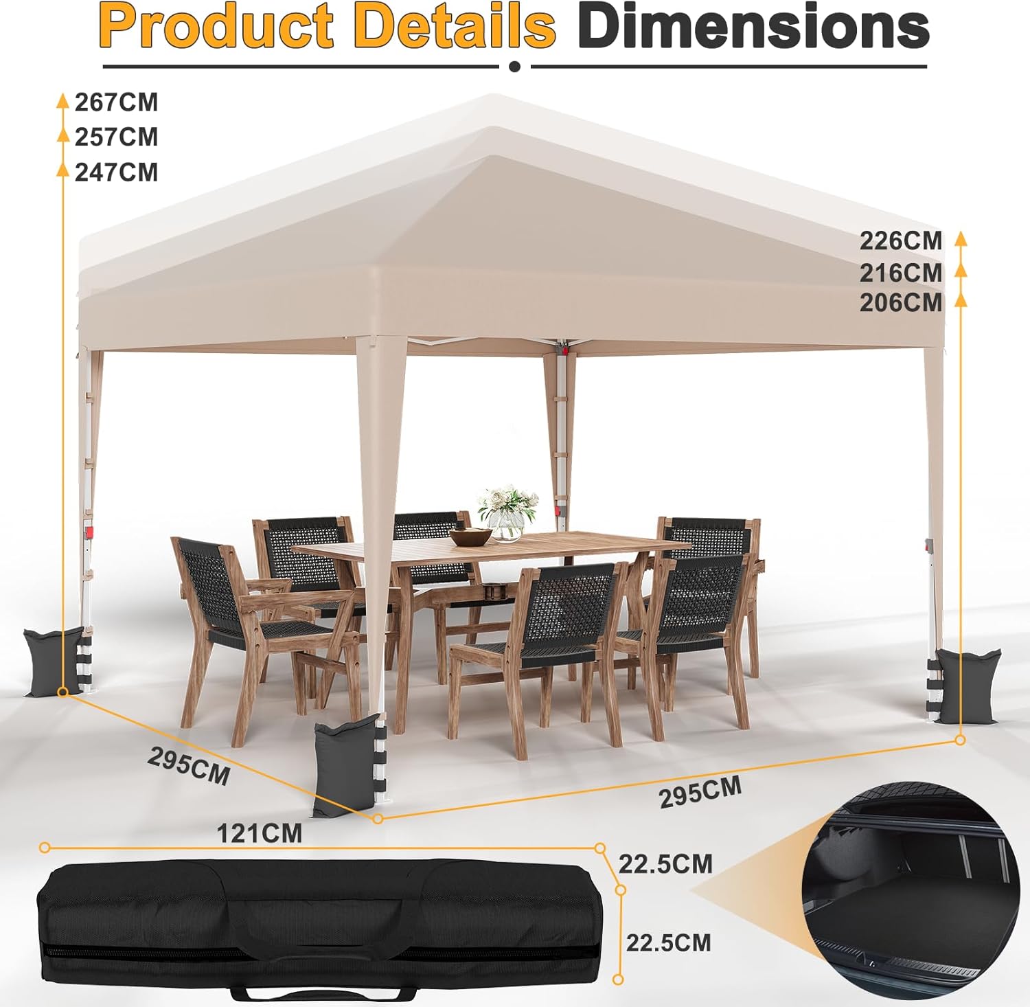 JUMMICO - Tonnelle pliante série 3x3m - réglable, anti-UV, imperméable