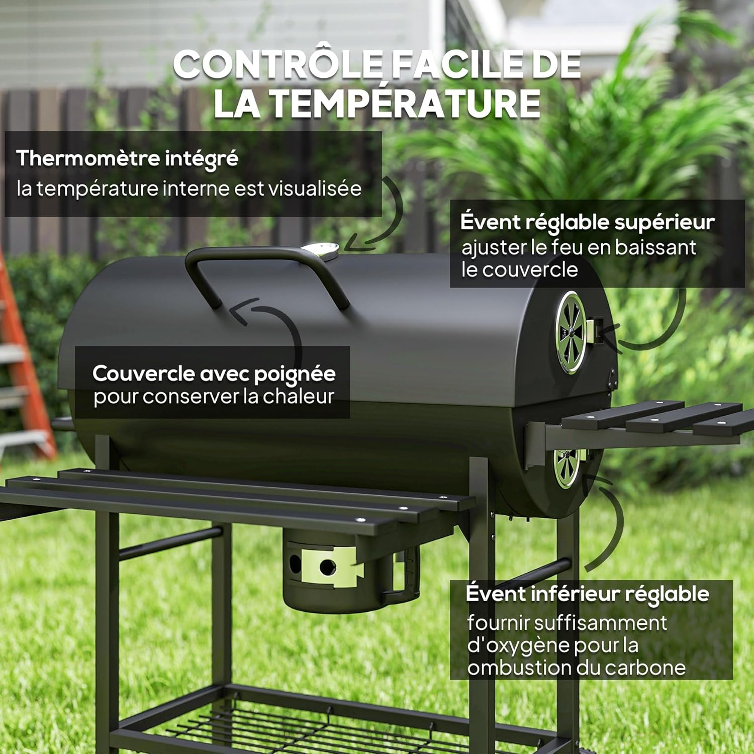 Outsunny - barbecue charbon de bois - grande taille - grille, couvercle thermomètre, roues, tablette pliable