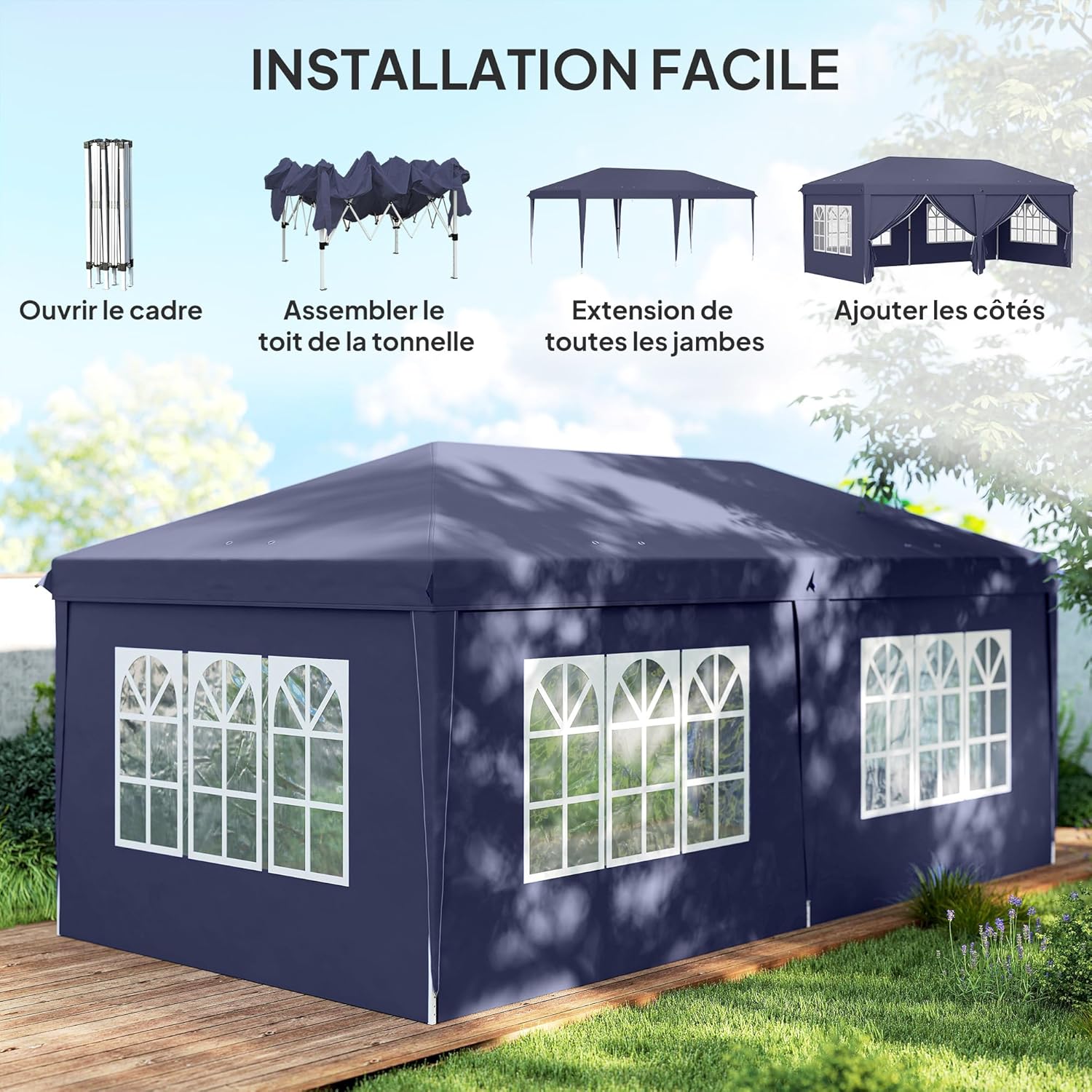 Outsunny Tonnelle de Jardin 3x6m Barnum Pliant avec Côtés Amovibles - Tente de Réception Structure en Acier Renforcée - Abri de Jardin Pop-up pour Mariage, Fête et Marché, Sac de Transport, Bleu