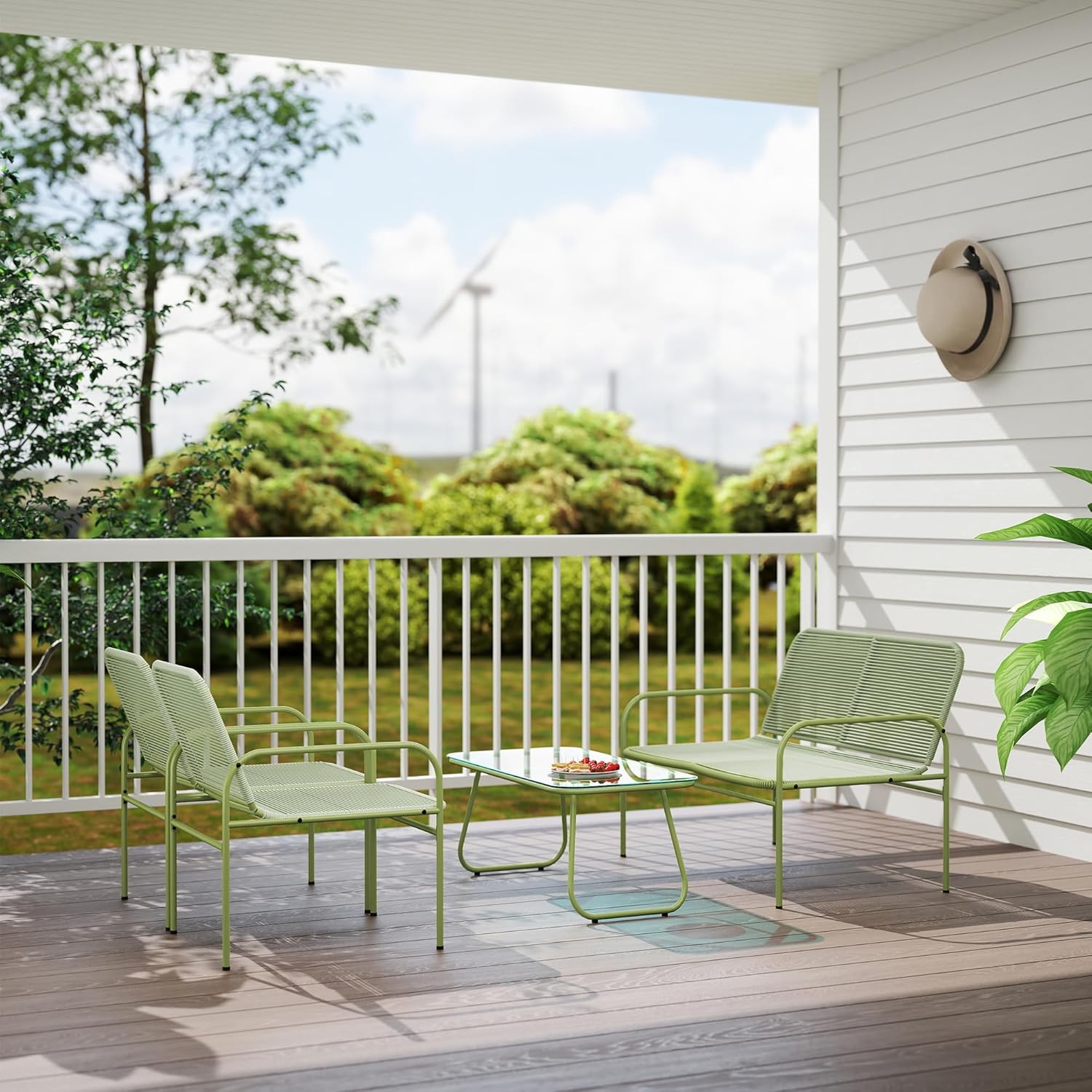 Outsunny - salon de jardin 4 places acier résine vert - canapé, fauteuils, table