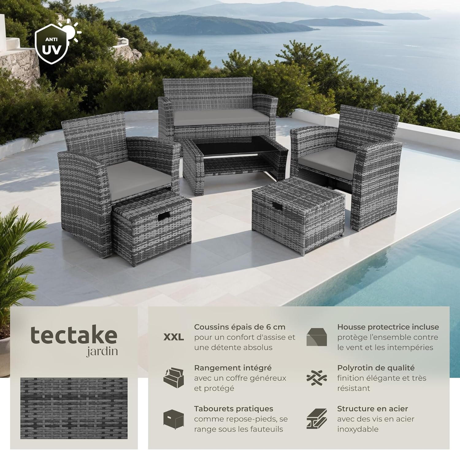 tectake - Salon de jardin polyrotin 6 places, housse incluse, gris