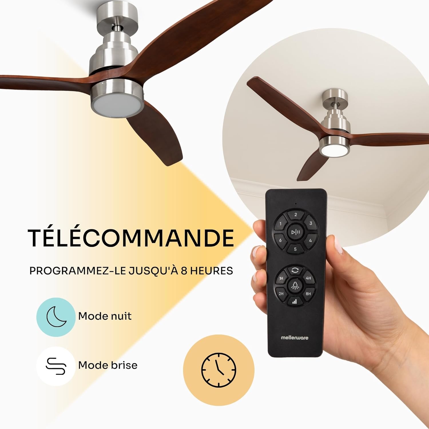 Mellerware - Ventilateur de plafond avec télécommande Brizy! Bright 45W | Lampe puissante | Ultra silencieux | 3 lames | Diamètre 132cm | 6 vitesses | Refroidissement + LED intégrée | Bois foncé