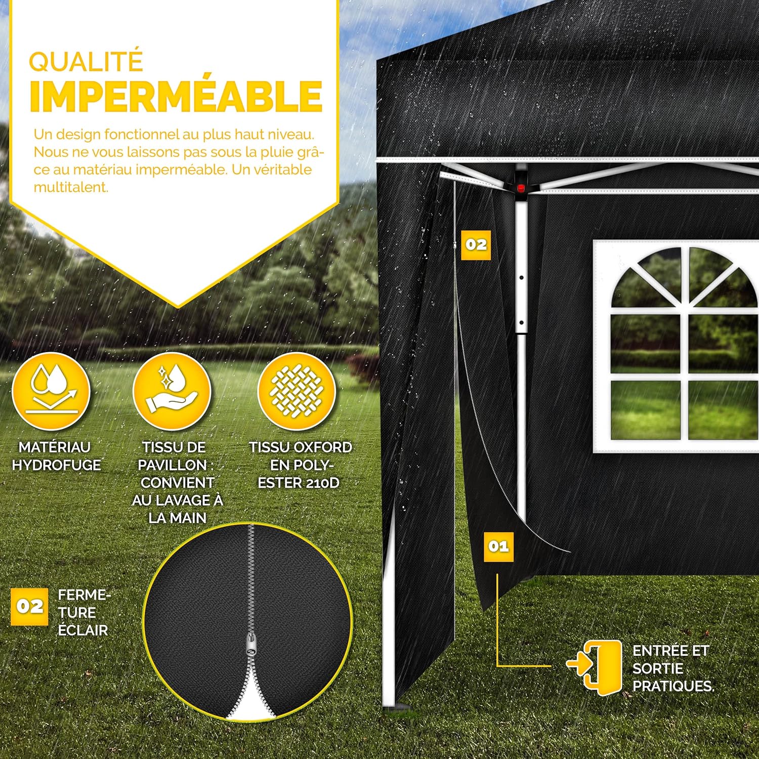 tillvex Tonnelle de Jardin 3 x 3 m Pliable avec 2 côtés | Tente de Jardin Pliante réglable en Hauteur | Auvent Pliant pour Camping, Festival, Plage, Jardin | Protection UV 50+ | avec Sac de Jardin